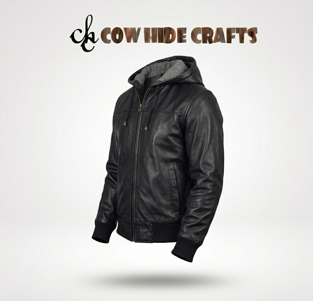 Men's black leather hooded bomber jacket side view showing hood detail