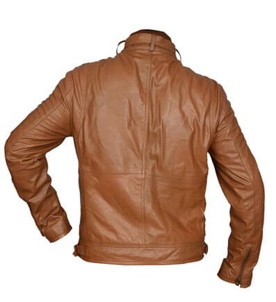 Men's tan sheepskin biker jacket with waist belt