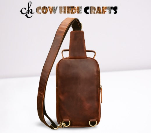 Brown distress leather adjustable shoulder strap camping chest bag