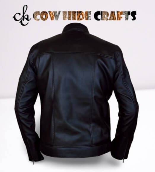 Mock round collar with button on black cafe racer leather jacket