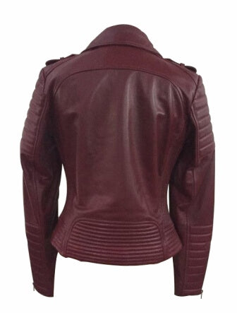 Women's maroon leather jacket slim fit styled for motorcycle riding