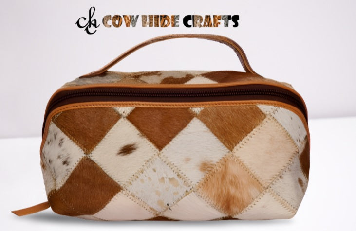 Patchwork Style Cosmetic Case - Traveling Compact Size Cowhide Makeup Pouch