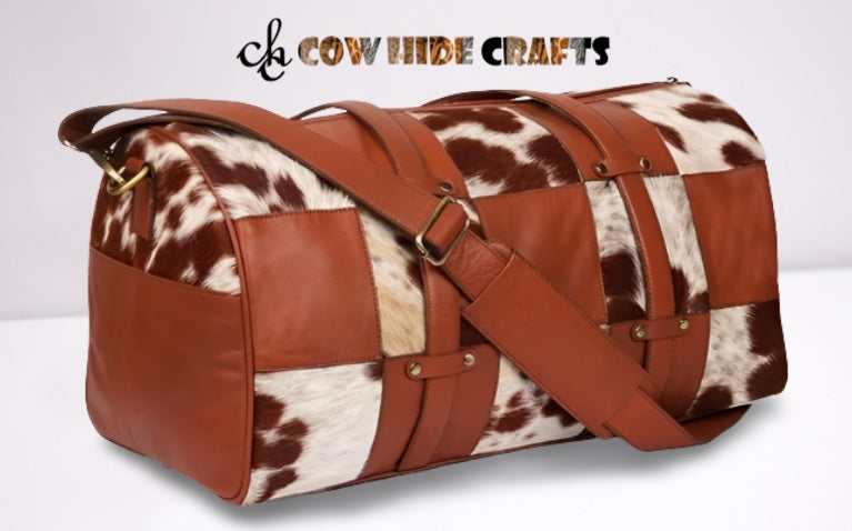 patchwork cowhide leather weekender bag