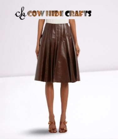 Midi length pleated leather skirt with hidden back zipper