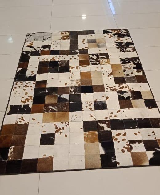 Rectangle cowhide rug mosaic tile checkerboard multitone