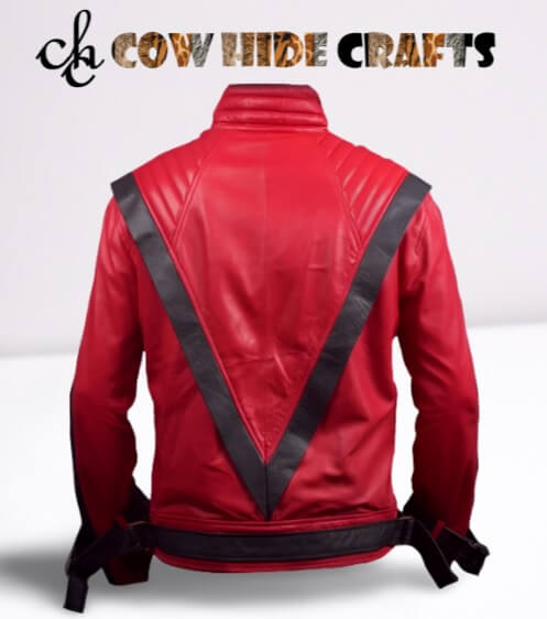 Red and black stripe detail on Thriller inspired sheepskin jacket