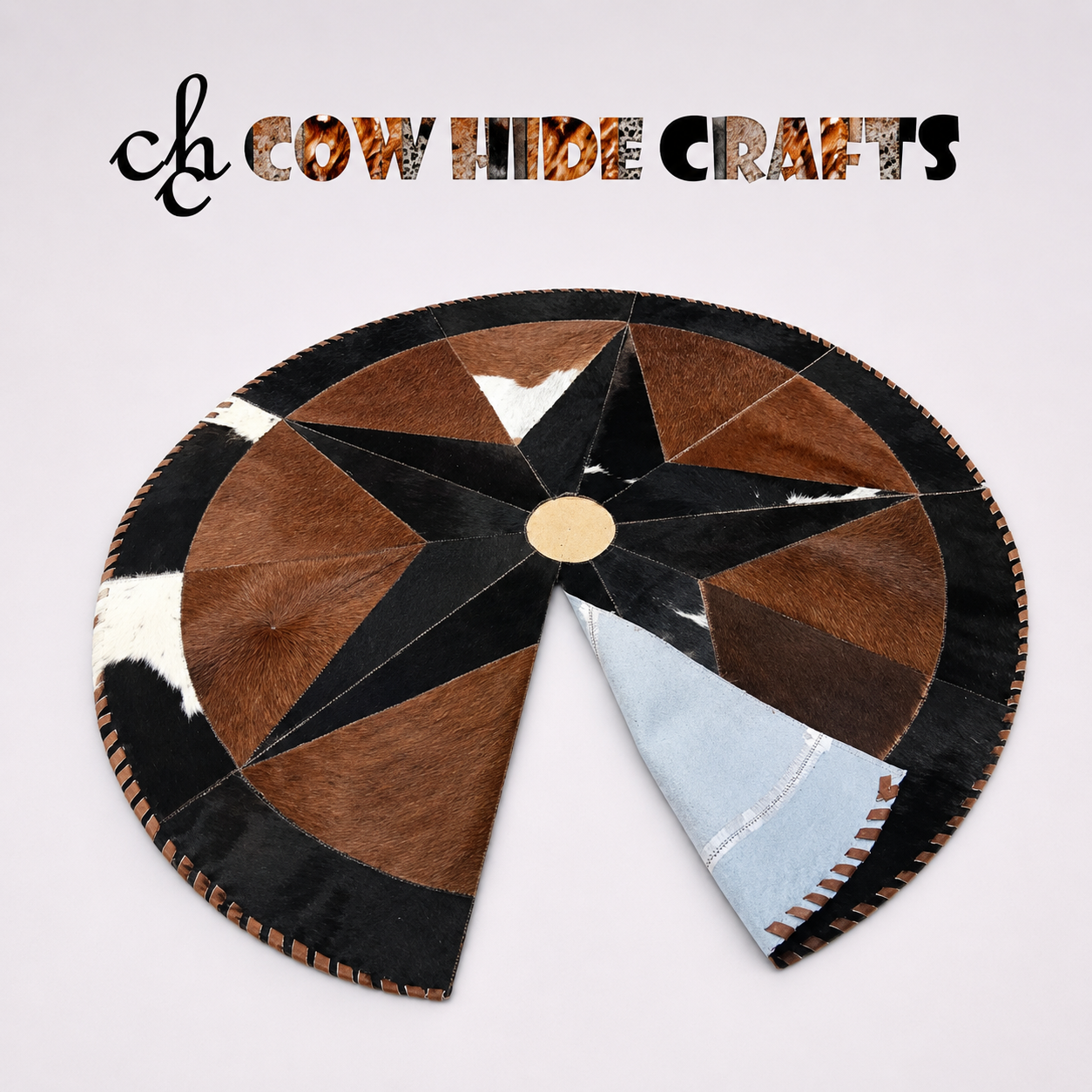 Round cowhide patchwork rug star Christmas brown black white