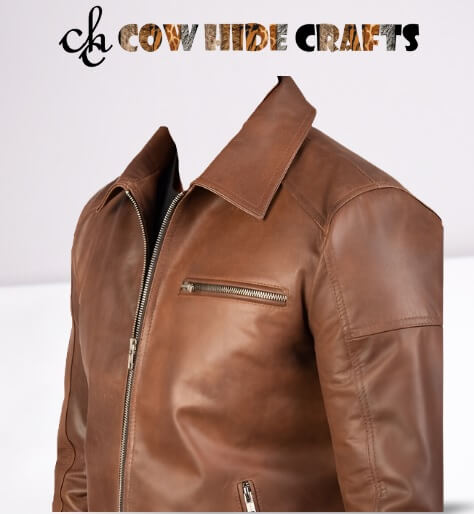 Shirt collar detail on men's brown glossy leather jacket