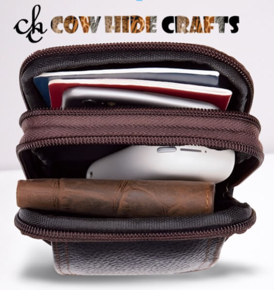 Small leather fanny pack two main zipper compartments