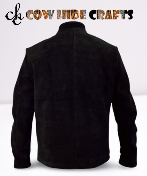 Men's black suede jacket styled for smart-casual evening