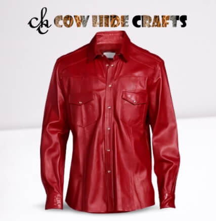 Snap cuffs and extended length detail on men's leather shirt