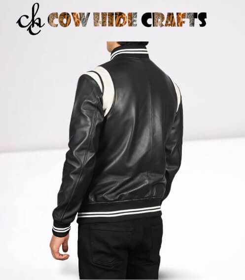 Men's varsity stripe leather jacket styled for casual street wear