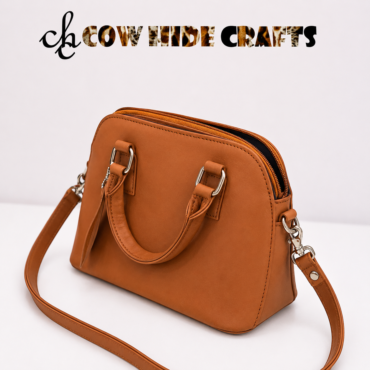 Tan leather shoulder bag main zipper closure