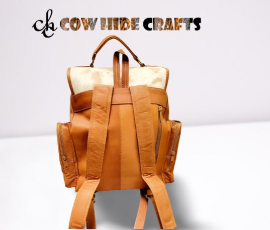 Tan and white hair on hide leather rucksack