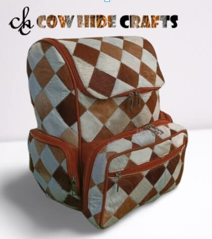 Brown Hairon Cowhide Patchwork Backpack Diamond Pattern