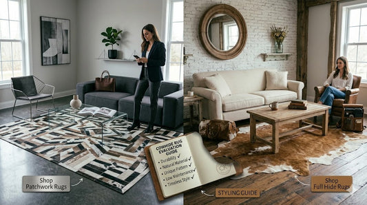 Split image showing a geometric patchwork cowhide rug in a modern interior beside a full hide cowhide rug in a farmhouse living room
