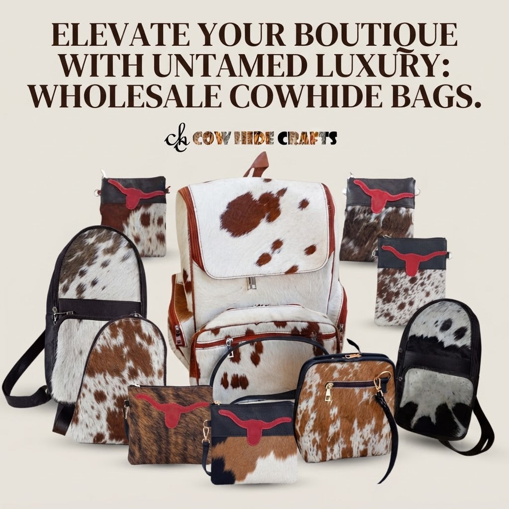 Wholesale cowhide messenger bags and backpacks displayed on wooden shelving in a boutique retail setting