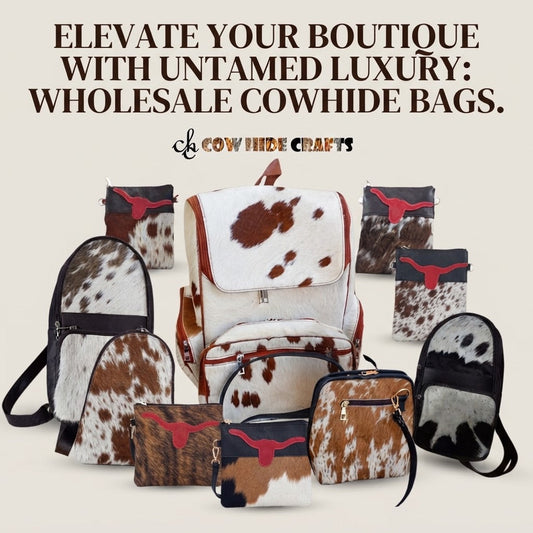 Wholesale cowhide messenger bags and backpacks displayed on wooden shelving in a boutique retail setting