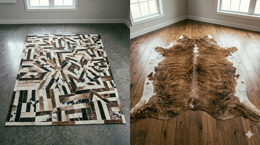 Side-by-side comparison of a rectangular patchwork cowhide rug and a natural full hide cowhide rug on a wood floor