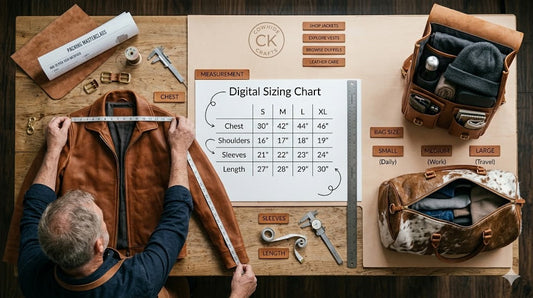 Person measuring chest with soft tape for leather jacket sizing