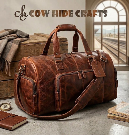Unisex cowhide leather duffle bag for travel with natural grain pattern