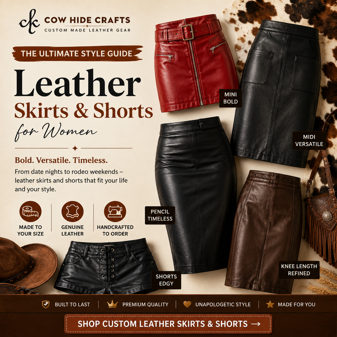 High waisted custom leather shorts in black sheepskin styled with a cropped tee