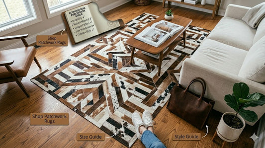 Large patchwork cowhide rug with natural black and white markings anchoring a modern farmhouse living room