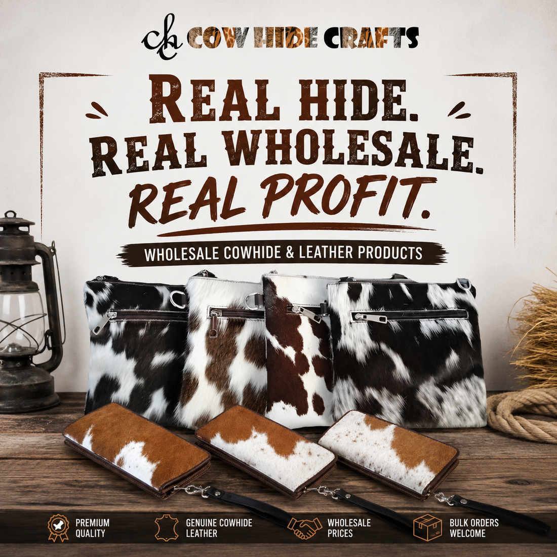 Assortment of wholesale cowhide bags displayed on a wooden ranch table
