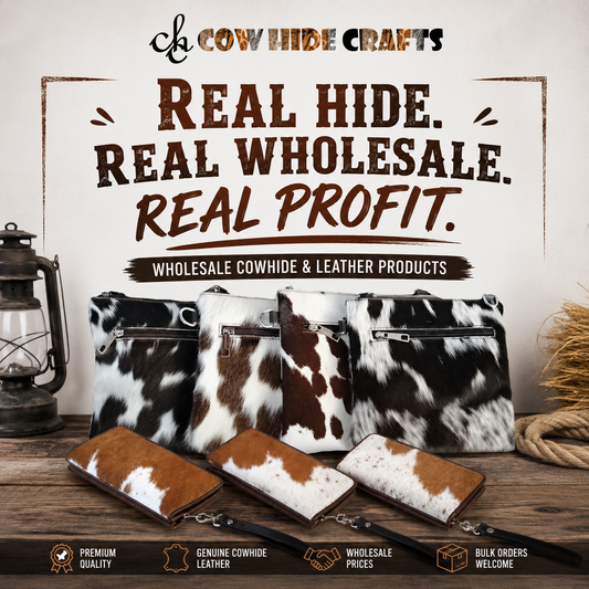 Assortment of wholesale cowhide bags displayed on a wooden ranch table