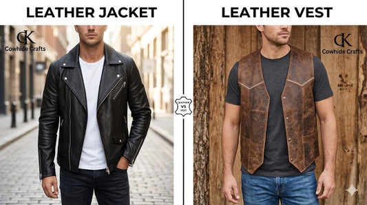 Brown leather biker vest layered over a flannel shirt next to a matching leather jacket