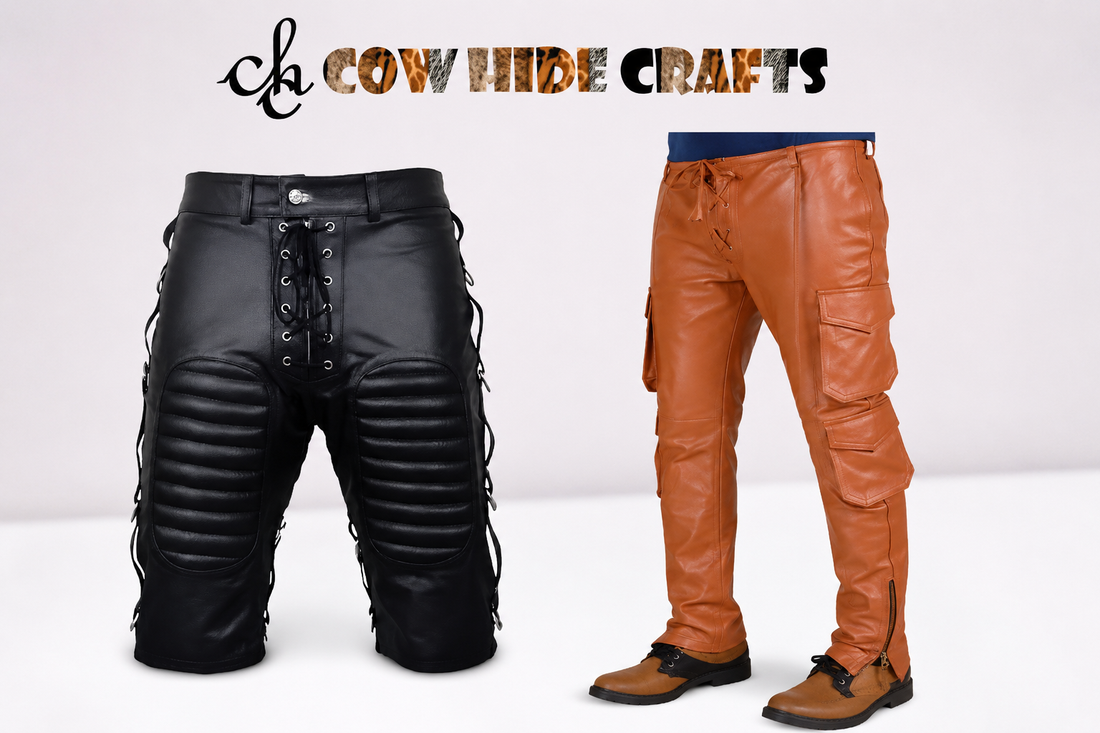 Man wearing black leather biker pants and cowhide hair-on trousers side by side showing different men's leather pant styles