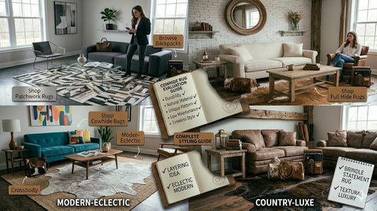 Large patchwork cowhide rug anchoring a modern farmhouse living room seating arrangement under a wood coffee table