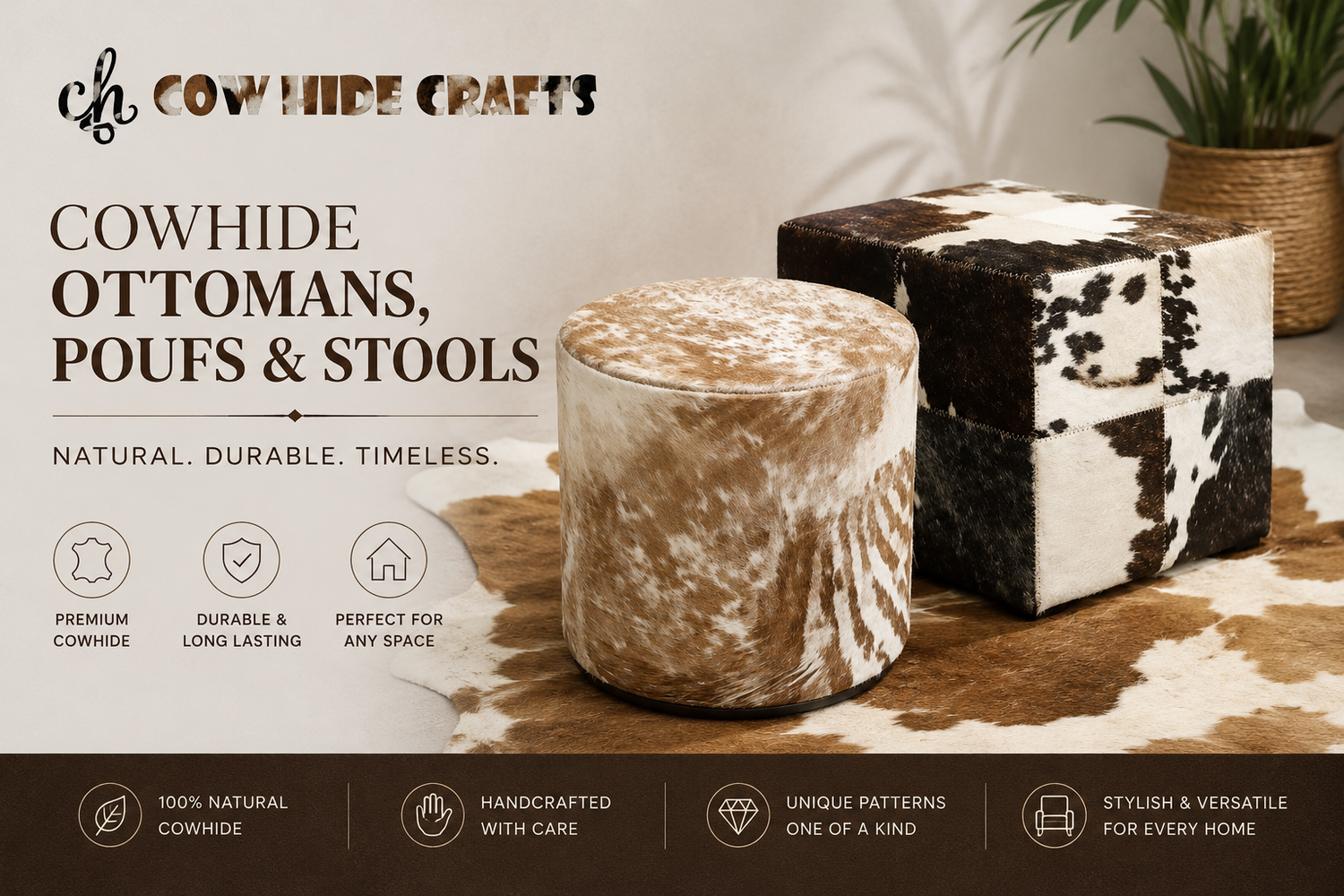 Cowhide Ottomans, Poufs & Stools – Genuine Hair On Hide Home Decor