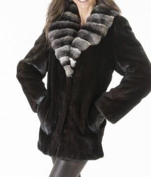 Norka Mink Fur Jacket. Fox Shawl Collar Short Coat