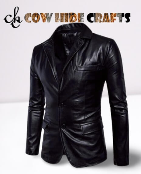  Women's 2 button formal black leather blazer front view