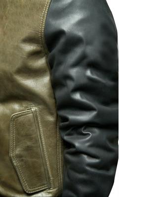 2 outside pockets on men's olive green leather bomber jacket