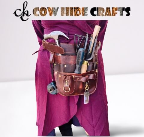 3 layered storage levels on farming tool leather belt holder