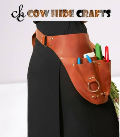 3 open pockets and keyring on leather garden tool waist belt