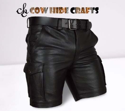 4 outside pocket detail on black leather summer shorts