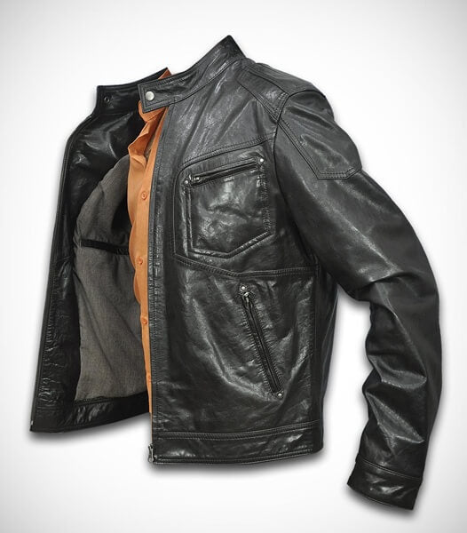 4 outside pockets on dark brown distressed biker jacket