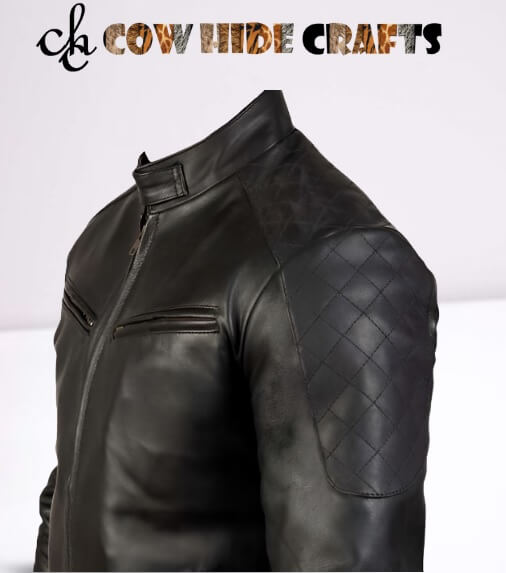 4 outside pockets detail on men's black biker leather jacket