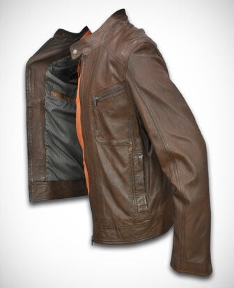 4 outside pockets on men's brown sheep leather jacket