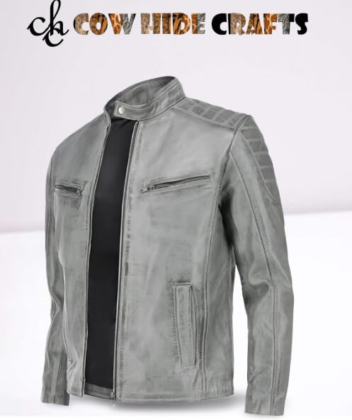 4 outside pockets detail on men's gray sheepskin leather jacket