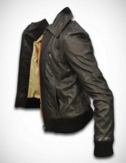 4 outside pockets on women's knit waist sheepskin leather jacket