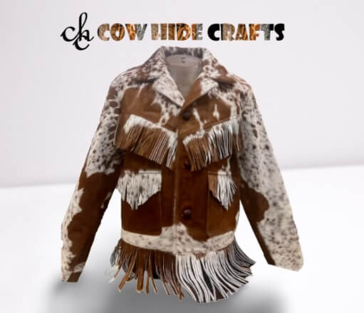 Tan White Cowhide Unisex Fringes Jacket.