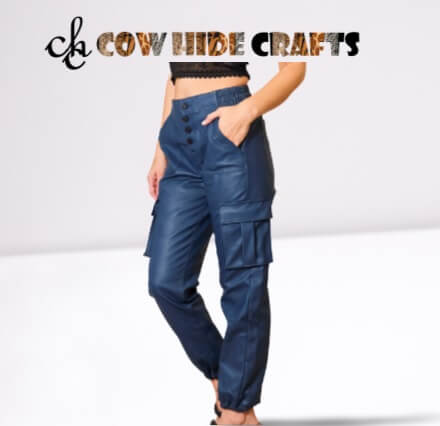  Blue leather cargo pants with 6 functional pockets women