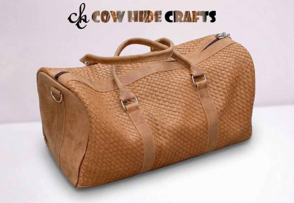 Basket weave leather duffle bag woven body rolled handles