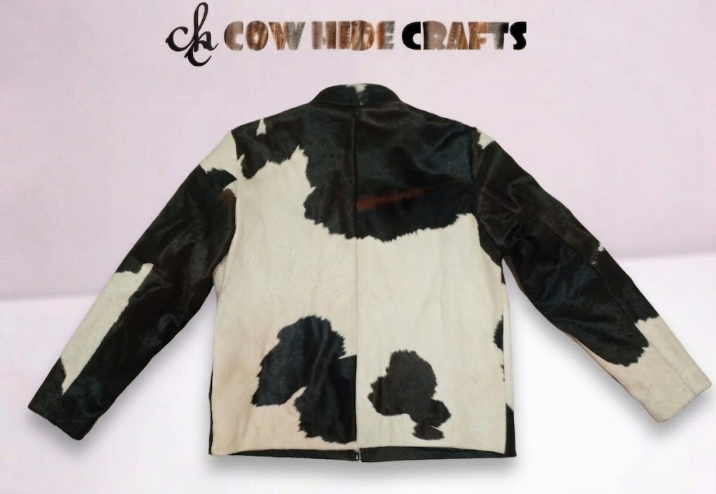 Black white cowhide cafe racer jacket back profile view