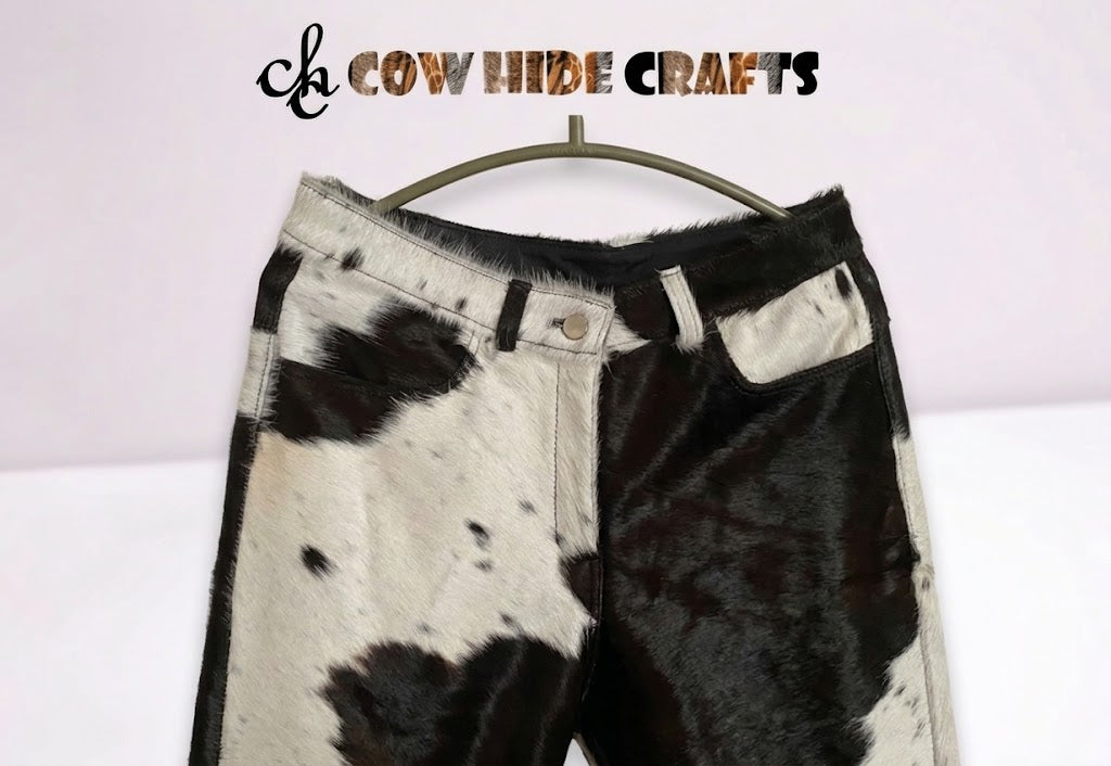 Black white cow print leather trousers front zip fly button