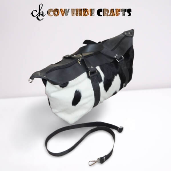 Travel duffle bag black and white cowhide